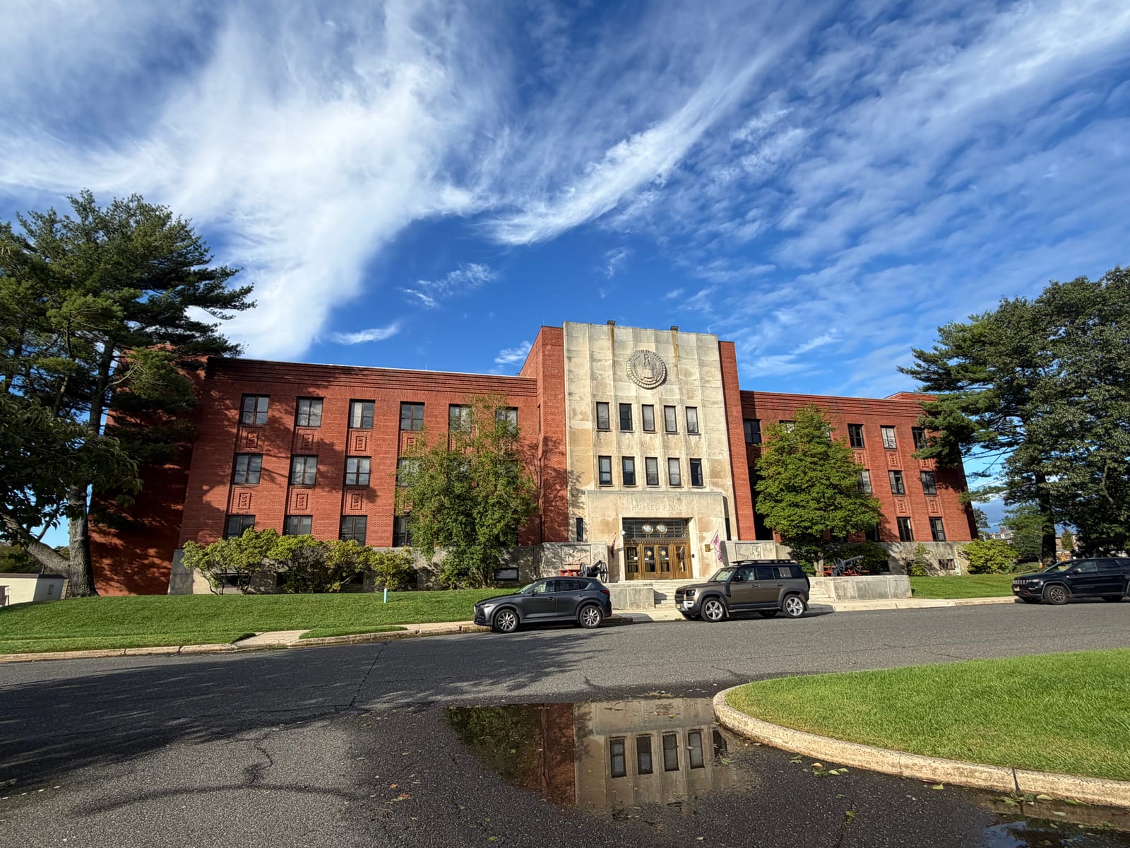 Russel Hall’s brick facade and limestone entrance at Fort Monmouth