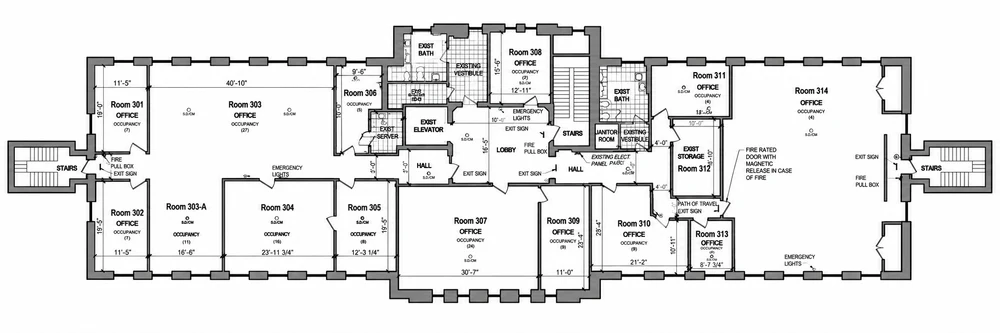 Third-floor plan showing offices, corridors, elevator and stairs